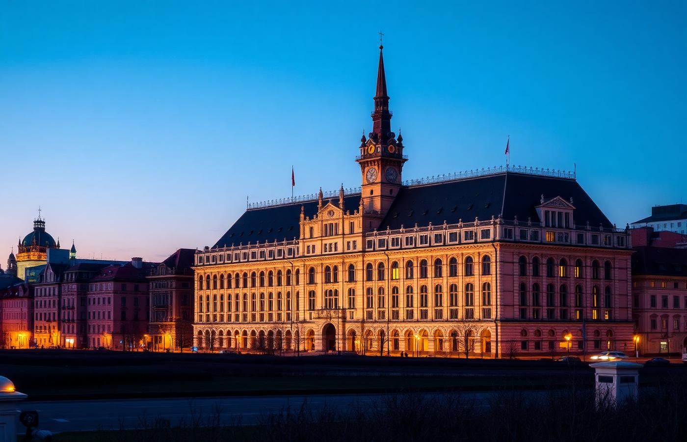 Historic German university building illuminated at dusk